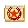 Goldener italienischer Charm mit rotem Hufeisen und orangefarbenem Stern im Cowboy-Stil - Goldbasis Stern / Gold