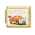 Vergoldetes italienisches Charm-Glied mit orangem LKW und goldenem Rowdy Rebel Text - Gold Auto / Gold
