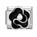 Vintage stainless steel black camellia flower charm with pearl for Italian DIY bracelets - Silver Base Black Rose