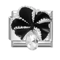 Retro Italian modular charm featuring a black enamel bow and crystal teardrop pendant - Silver Base Black Flower with Rhinestone