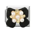 High-quality Italian charm bracelet module featuring black bow and golden pearl flower - Steel Base Pearl Bow