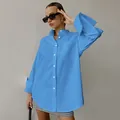 Bright blue oversized boyfriend style long sleeve shirt for a casual street style look - S / Tops / Blue