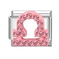 Charm zodiacale Bilancia con strass rosa per bracciale componibile italiano in acciaio - Bilancia Strass Rosa / 1x0.9 cm / Argento
