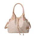 Borsa a secchiello alla moda di grande capacità con stampa geometrica e manici in pelle. - Mulino Bianco Crema