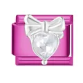 Maillon de charme italien magenta avec nœud argenté et pierre en forme de cœur - Zircon Blanc / 1*0.9cm / Rose rosé