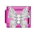 Charme papillon argenté avec perles sur maillon de bracelet fuchsia - White Pearl Butterfly / 1*0.9cm / Rose rosé