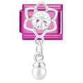 Charme de bracelet italien DIY magenta avec une fleur argentée et perle pendante - Zircone Fleur Perle / 1*0.9cm / Rose rosé