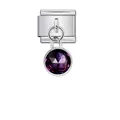 Detailed view of Italian modular charm link with a round faceted purple crystal pendant - Purple Birthstone (D252)