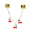 Detail view of Italian charm link with three dangling red cherry pendants for DIY jewelry - Triple Cherry Enamel Charm Safety Chain (D674) / Gold
