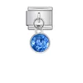 Close-up of a silver Italian charm link with a dangling faceted blue birthstone. - Dark Blue Birthstone (D253)