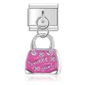 Vista detallada del charm italiano de bolso rosa en acero con grabado Sweet Girl - Estilo Bolso Rosa (D448)