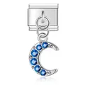 Eslabón de charm italiano plateado con colgante de luna y piedras azules brillantes - Estilo Luna Strass (D449)