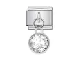Detailed macro view of a silver Italian modular bracelet link with a clear crystal charm - Clear White Birthstone (D255)