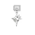 Close-up detail of silver stainless steel modular charm with heart-shaped crystal and stars - Double Star Heart Rhinestone Style (D524) / Silver