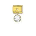 Close-up of a gold Italian charm link with a dangling round clear crystal stone - Clear