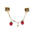 Detail view of gold-toned Italian modular charm with red strawberry pendants and crystal. - Double Strawberry Charms with Clear Rhinestone (D676) / Gold