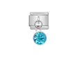Close-up of Italian charm link with dangling light blue round crystal pendant - Light Blue Birthstone (D256)