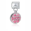 Detalle de dije de pastel de cumpleaños en esmalte rosa y plata para pulsera de eslabones modular - Estilo Feliz Cumpleaños (D451)