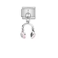 Detailed silver headphone charm with pink enamel and crystal for Italian modular link - Pink Headphones (D406)