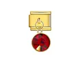 Detail view of a golden Italian modular charm link with a faceted red crystal stone. - Dark Red