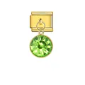 Detailed view of gold Italian modular charm with a peridot-like green crystal - Bright Green