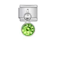 Close-up of silver Italian charm module with peridot green round gemstone pendant - Olive Green Birthstone (D260)
