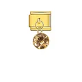 Detailed view of a gold-plated Italian modular charm with a dangling champagne crystal pendant - Champagne