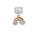 Silver Italian modular charm featuring a colorful enamel rainbow and rhinestone clouds. - Rainbow Clouds Style (D399)