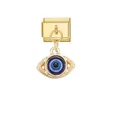 Detailed macro view of golden Italian charm modular link with blue Evil Eye pendant - Dotted Texture Evil Eye Style (D807) / Gold