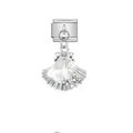 Detailed view of a silver shell charm with pearl and crystals for Italian bracelets - Pearl Rhinestone Shell (D517) / Silver