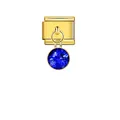 Detailed macro shot of a gold Italian modular charm with a dangling blue crystal stone. - Dark Blue