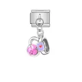 Silver Italian charm link with pink heart padlock and purple watch dangle pendant charm - Lock and Heart Watch (D414)