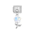 Detail showing a shimmering iridescent flower pendant on a stainless steel Italian charm link - Iridescent Five-Petal Flower (D513) / Silver