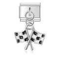 Primer plano detallado de un abalorio italiano modular con banderas de carreras de plata - Estilo Banderas de Carreras (D458)