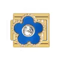 Close-up of gold-plated Italian charm with blue enamel flower and crystal center. - Italian Charm Links / Gold (Blue Enamel Flower)