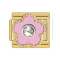 Macro detail of a gold stainless steel Italian charm with pink flower and crystal - Italian Charm Links / Gold (Pink Flower)