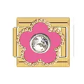 Detailed view of a gold Italian charm with a pink flower and rhinestone center - Italian Charm Links / Gold (Pink Decorated Flower)