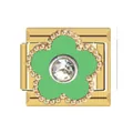 Close-up detail of a gold Italian charm link featuring a green flower with a rhinestone center - Italian Charm Links / Gold (Green Flower)