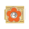 Close-up of gold Italian charm module featuring an orange flower with a central crystal. - Italian Charm Links / Gold (Orange Flower)