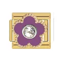 Detailed view of a purple flower Italian charm with gold beaded border and clear center crystal - Italian Charm Links / Gold (Purple Flower)