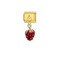 Close-up detail of a cute red enamel strawberry charm on a golden Italian modular link - Strawberry (D710)