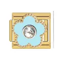 Close-up detail of gold Italian charm link featuring a blue flower and clear rhinestone - Italian Charm Links / Gold (Light Blue Flower)