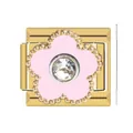 Detail view of a gold-toned Italian charm with a pink flower and crystal center - Italian Charm Links / Gold (Pink Five-Petal Flower)