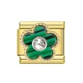 Close-up detail of a gold stainless steel Italian charm link with green striped flower - Italian Charm Links / Gold (Green & Black Striped Flower)