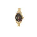 Close-up detail of golden oval quartz watch with brown dial and Roman numerals - Complete Watch / Brown
