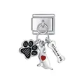 Detail view of stainless steel dog-themed charm with paw, heart dog and bone - Dog Paw Heart Bone Pendant (D421)