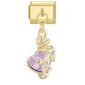 Gold-plated Italian charm link featuring a detailed rose and purple heart-shaped crystal pendant - Rose Flower Purple Heart Gem Style (#2)