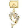 Gold dolphin charm pendant for Italian modular link bracelet with crystals - Double Dolphin Rhinestone Style (#4)