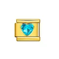 Detail van gouden Italiaanse bedel met blauw hartkristal voor modulaire armbanden - Hart Blauwe Strass (Geboortesteen) / Geboortesteen Blauw