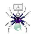 Close-up detail of silver spider Italian charm with purple gemstone and blue crystals - Spider (D025)